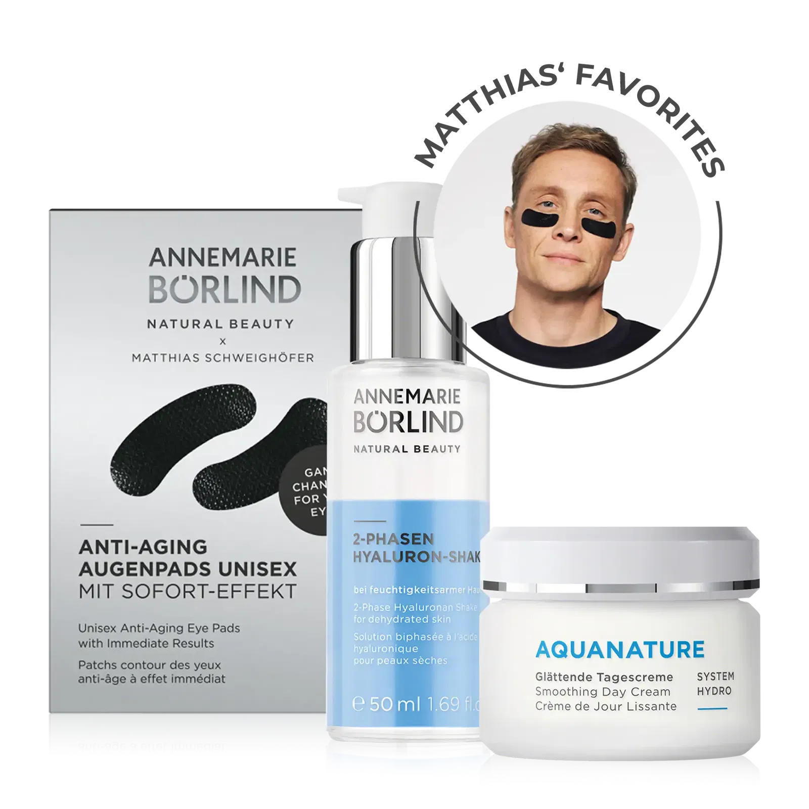 ANNEMARIE BÖRLIND Anti-Aging Augenpads, 2-Phasen Hyaluron-Shake und AQUANATURE Tagescreme mit Matthias Favoriten